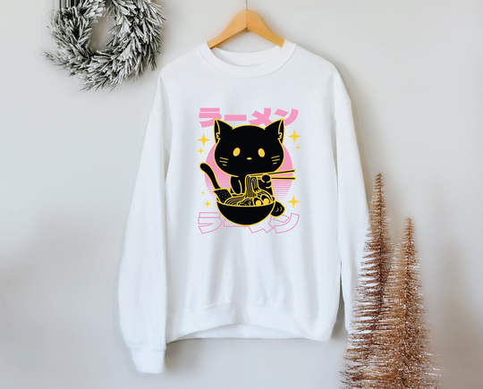 Retro Ramen Cat Sweatshirt, Anime Black Sweater, Lovers Gift, Ramen Cute Sweatshirt, Gift For Lover, Sweat