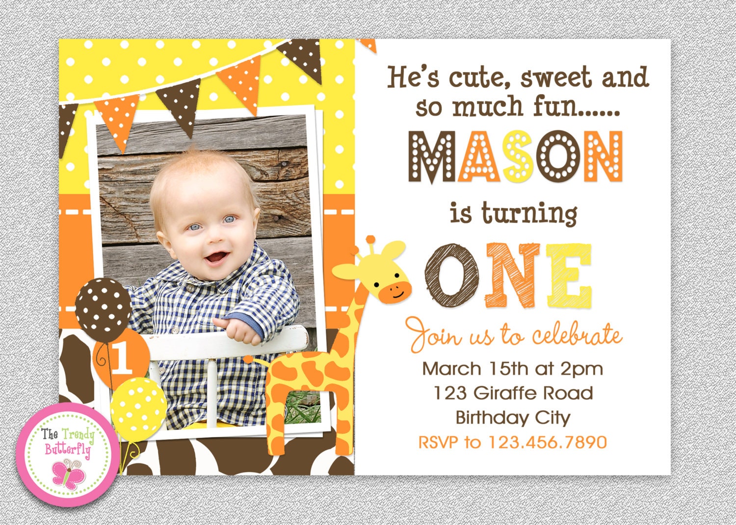 Giraffe Birthday Invitation , Party Invitation, 1st Boys Kids Invitations