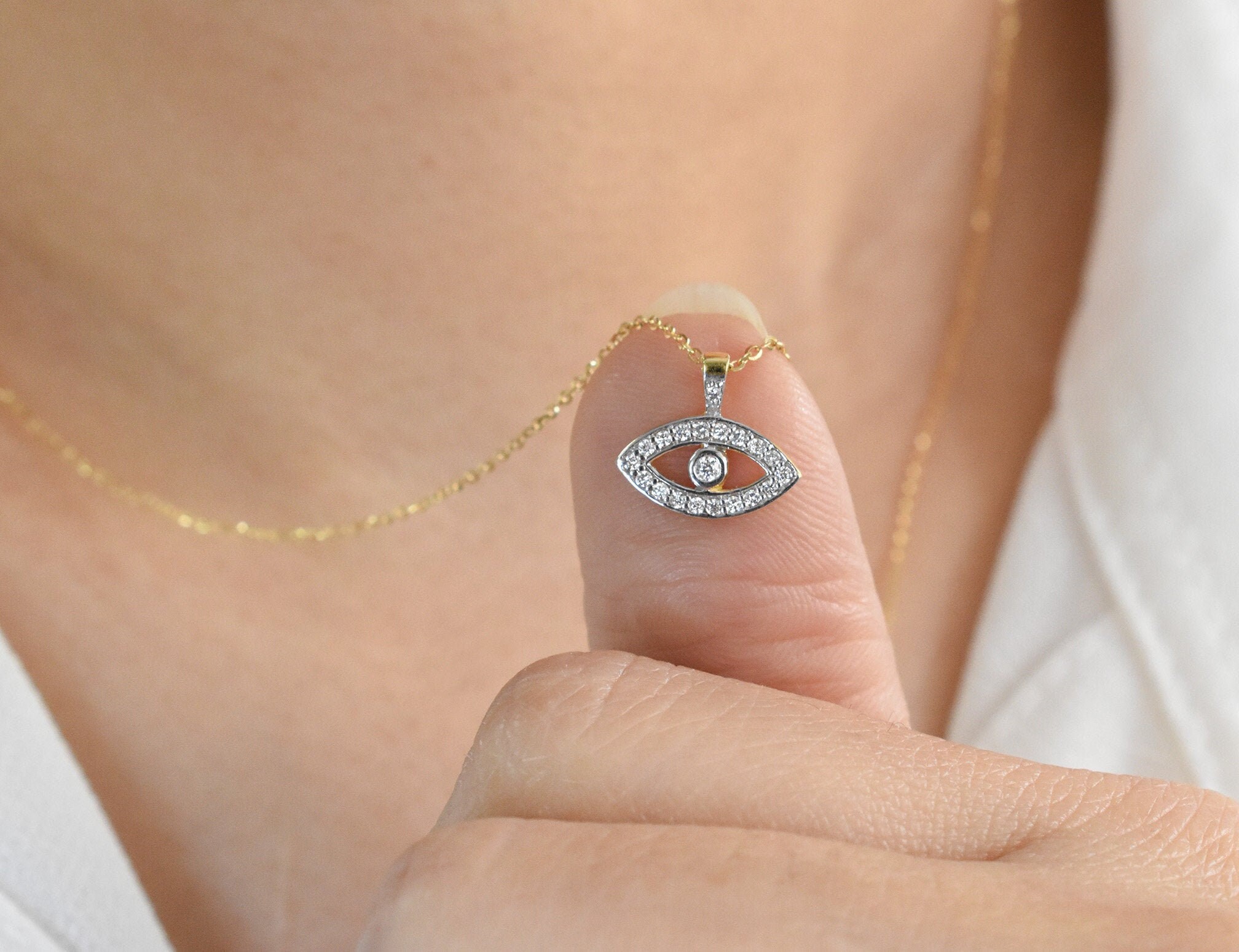 Evil Eye Necklace/10K 14K 18K Solid Gold Diamond Protection Minimalist Layering Charm Free Shipping