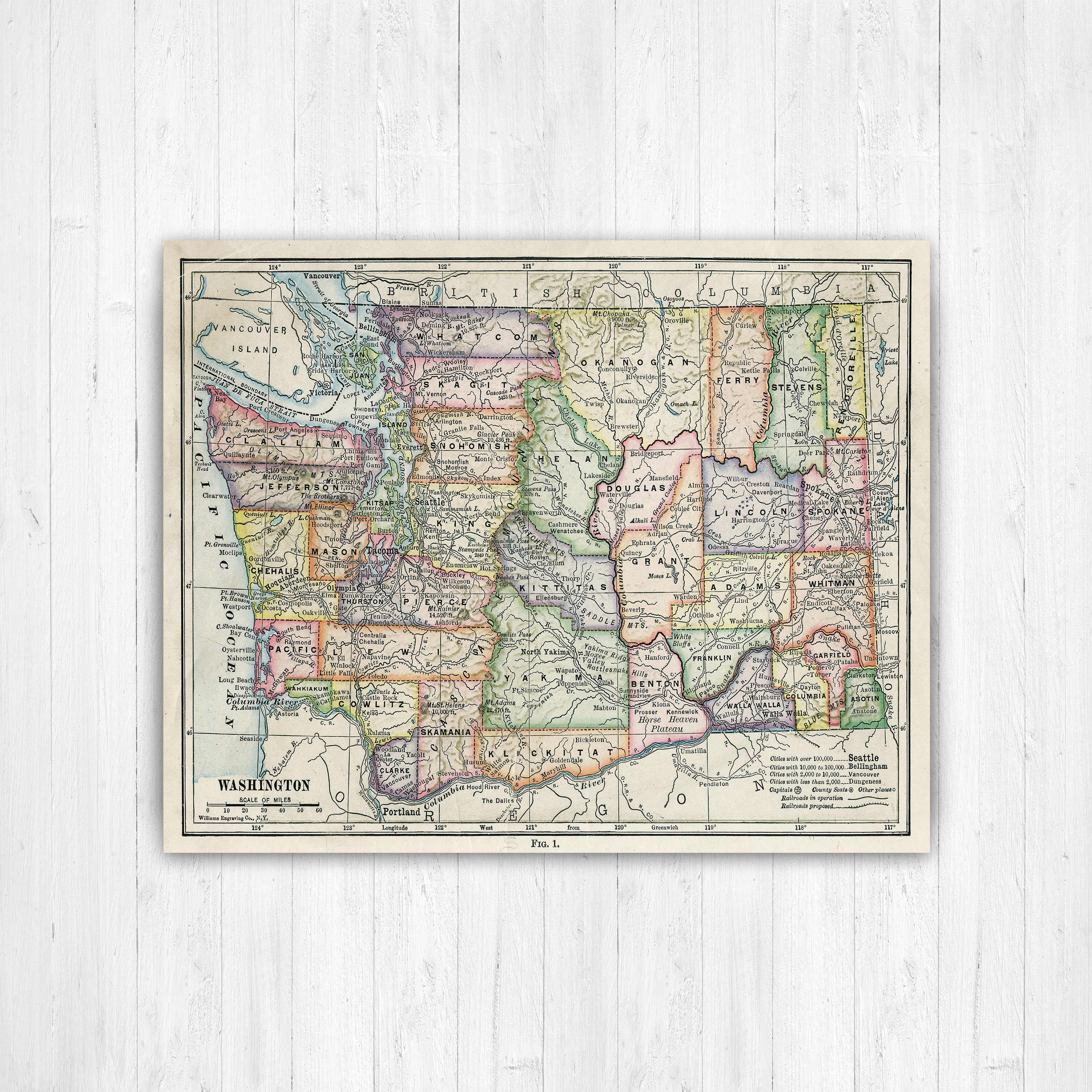 Washington Antique Color State Map Print | Canvas Art Printed Marketplace