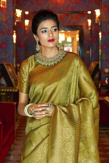 Olive Green & Golden Blend Woven Banarasi Saree With Blouse For Women Wedding Wear Party Festive Traditional Designer
