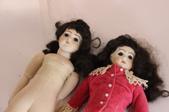 Set Of 2, Vintage Germany, Porcelain Doll, Bisque Pink Velvet Dress, German, Old Collectible