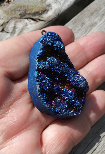 Dark Blue Titanium Agate Freeform Druzy Geode Gemstone Pendant 55mm