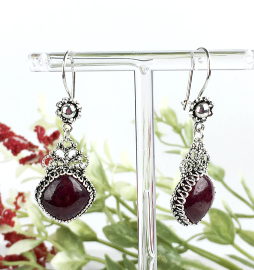 Genuine Opaque Ruby Dangle Drop Earrings 925 Sterling Silver Natural Gemstone Artisan Crafted Filigree Women Jewelry Gift Boxed For Her