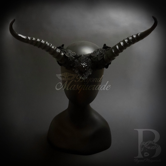 Ram Horns Headband Masquerade Mask, Hair Decor Costume - Black