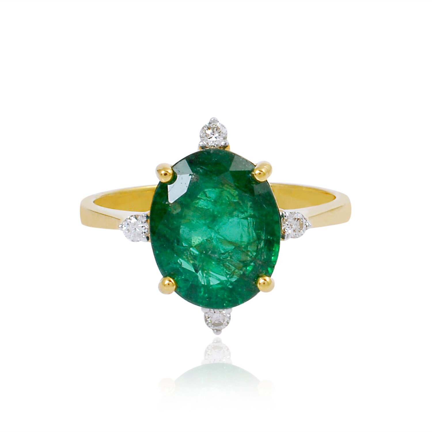 Solid 18K Yellow Gold Oval Shape Emerald Gemstone Natural Hi Color Si Clarity Diamond Ring Handmade Fashion Fine Women Gift Jewelry