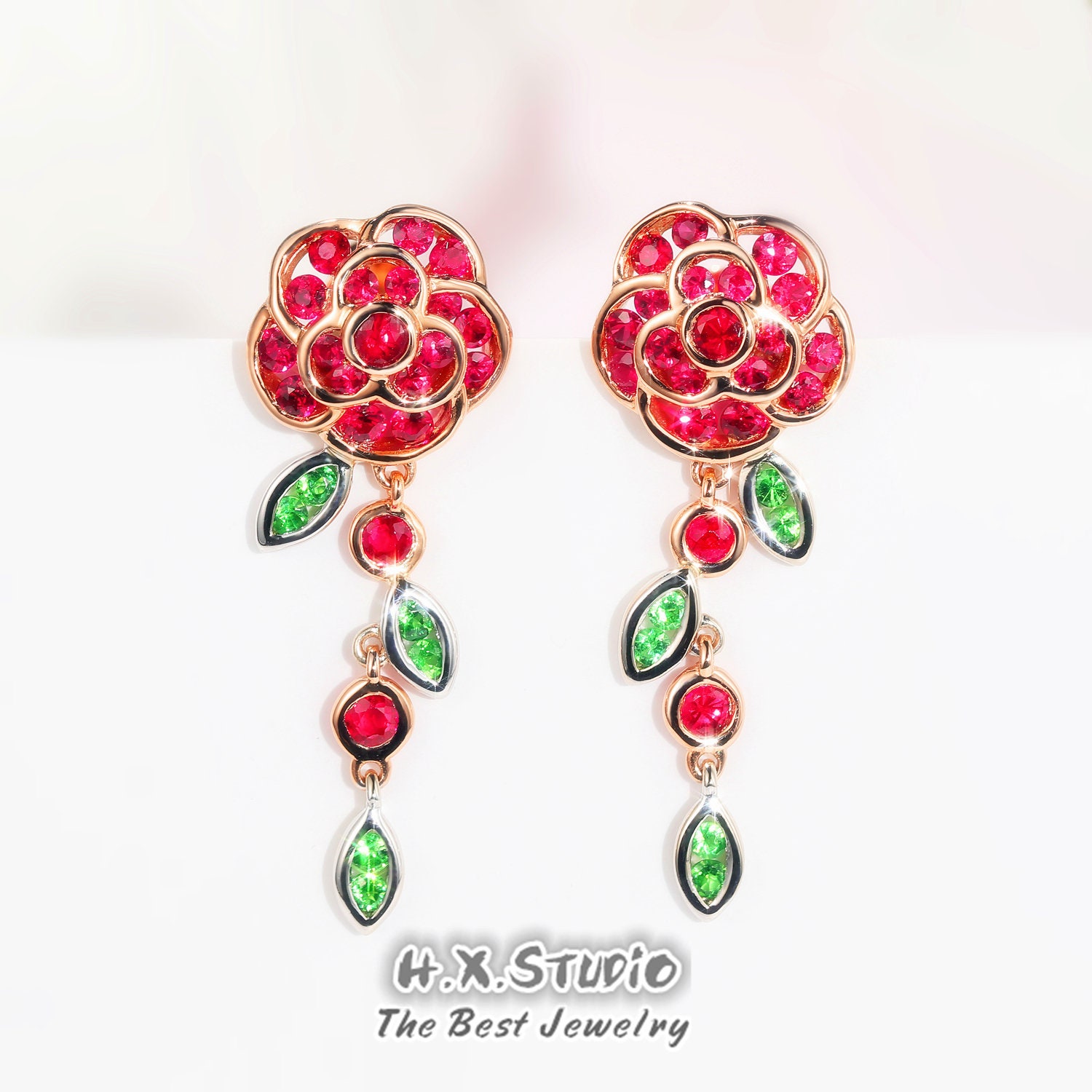 Hx Jewelry | 1.30Ctw Ruby Tsavorite Rose Flower Stud Earrings in Solid 18K Gold, Custom Fine Jewelry, Fancy Stud, Gift For Women & Girls