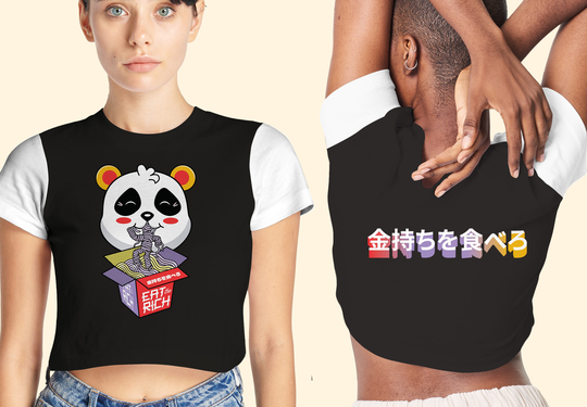 Panda Bear Women's Crop Top, Japanese Ramen Apparel, "Eat The Rich" Kawaii Style Tee