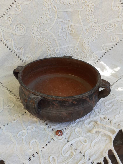 Old Usable Italian Traditional Stoneware Cooking Pot. Terracotta Earthenware Bowl Saucepan For Vegetables, Meat, Soup, Legumes