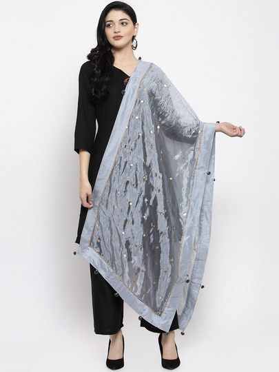 Women's Silk Blend Grey & Gold-Coloured Woven Design Dupatta Free Shipping