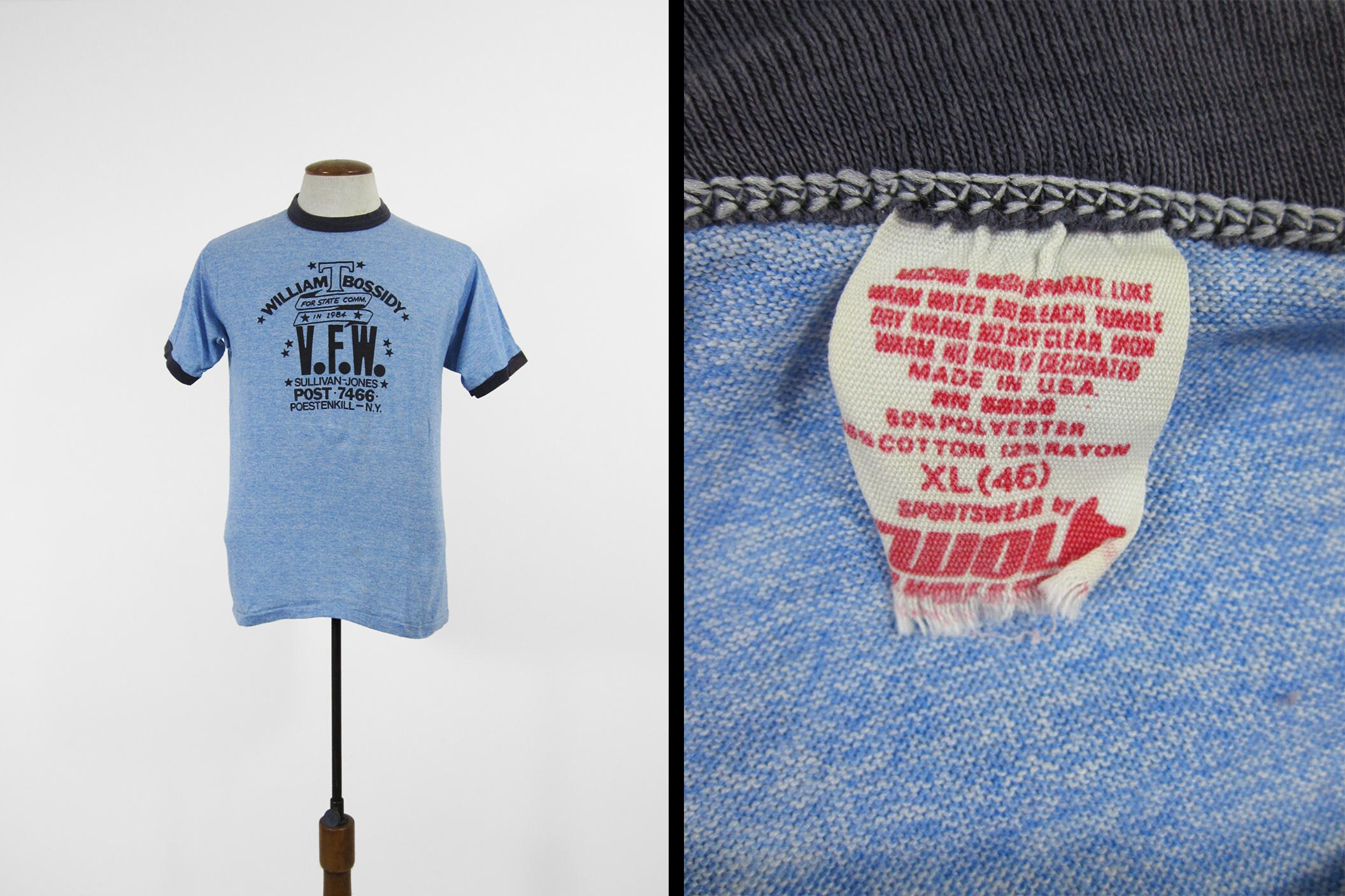 Vintage Vfw Tri Blend T-Shirt Rayon Heather Blue Ringer Tee - Medium