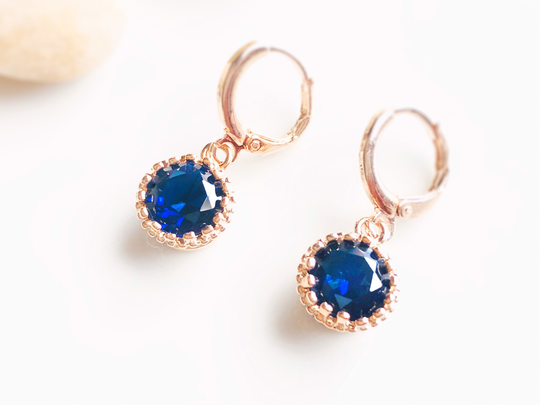 Blue Sapphire Dangle Earring in 14K Rose Gold, Blue Gemstone Huggie Earrings, Gift For Her, Daughter, September Birthstone