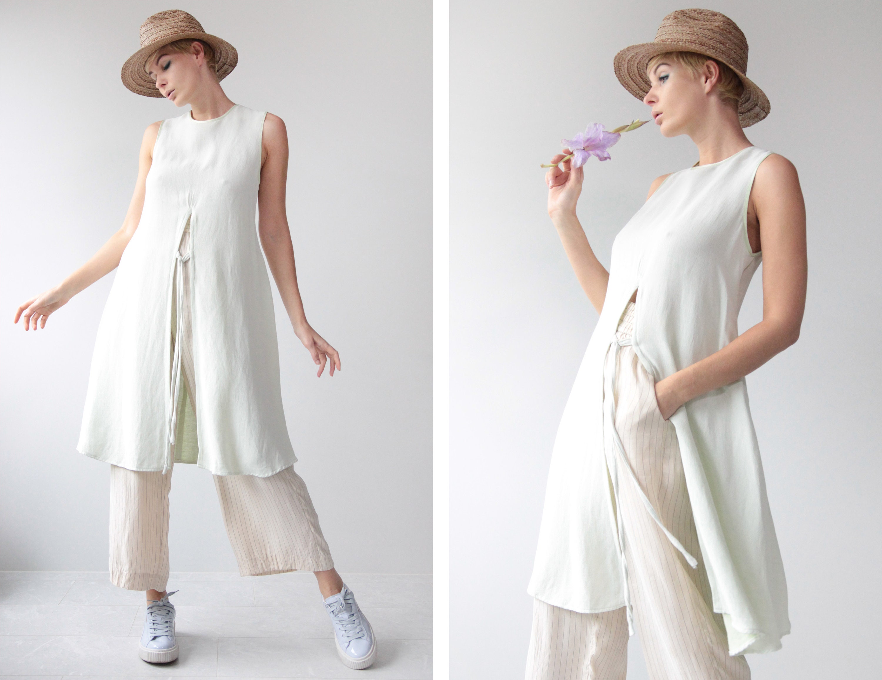 Vintage Green Linen Blend Sleeveless Knee Length Deep Front Slit Tunic Midi Dress S M