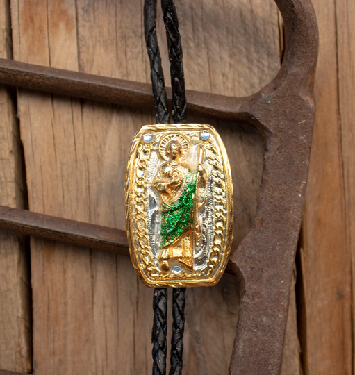 Western Alpaca Silver San Judas St Jude Leather Bolo Tie Corbatero Charro