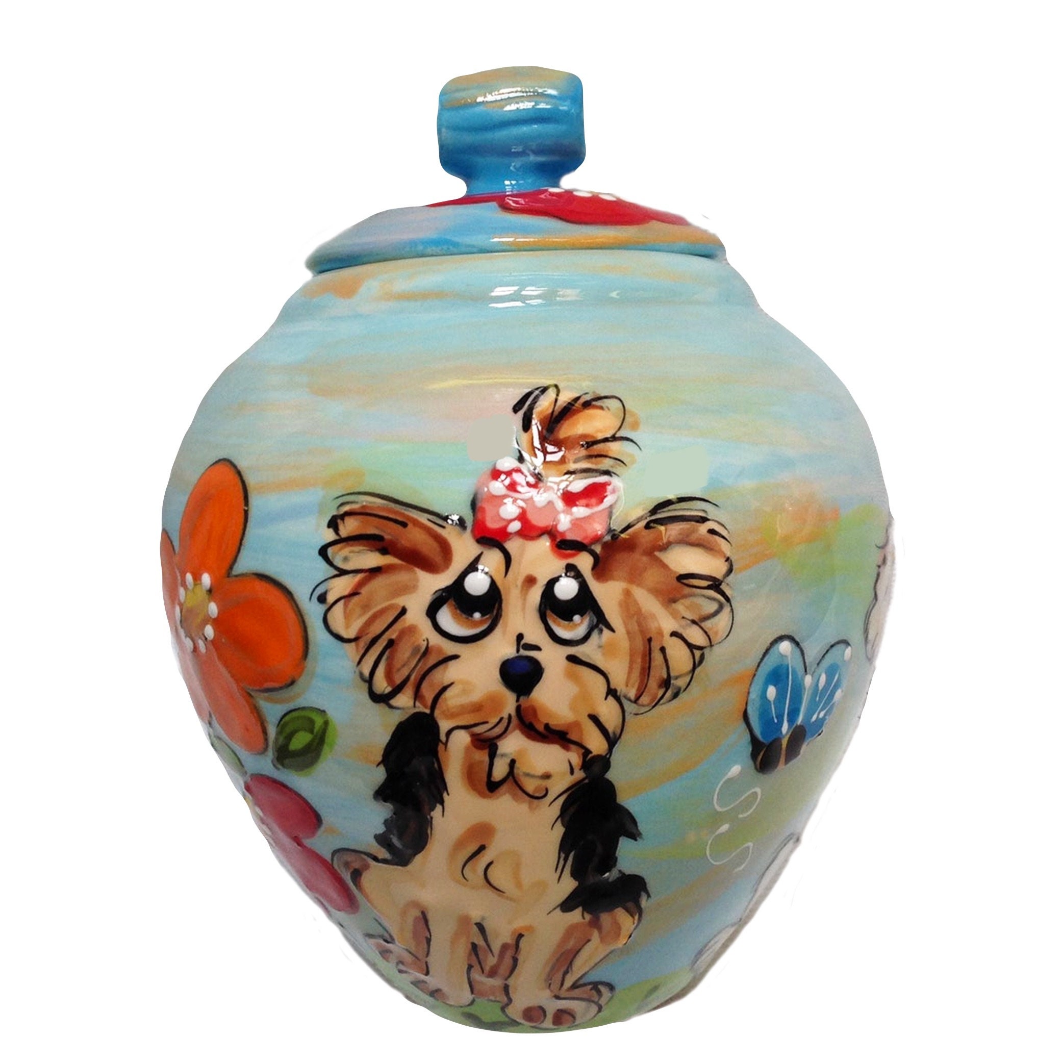 Glazed Ceramic Teacup Dog Urn For Beloved Pet Ashes Custom Designed with Pet's Portrait, Memorial Pottery Hand Painted By Debby Carmen
