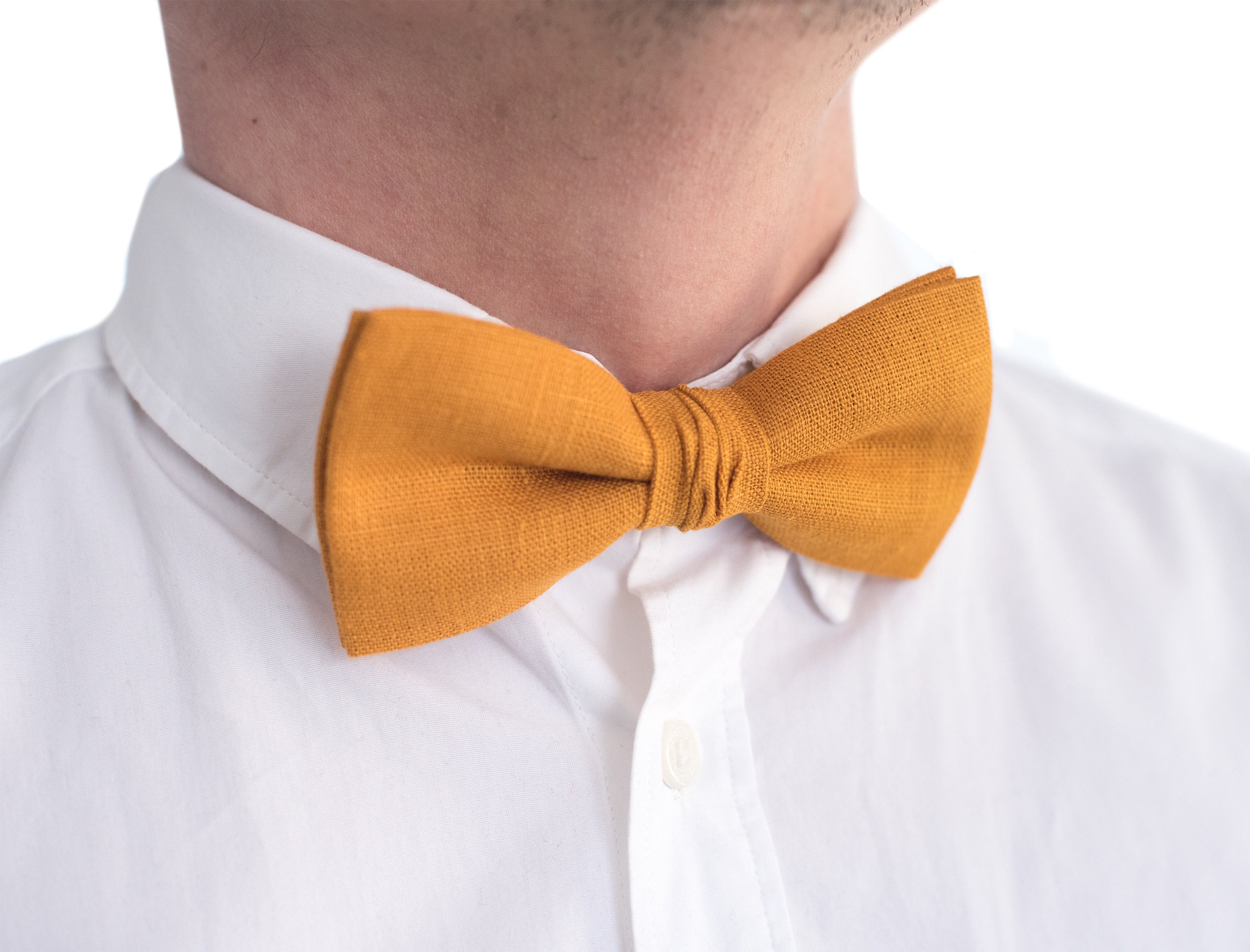 Marigold Bow Tie Mustard Bowtie Pocket Square Necktie Linen Wedding Accessories
