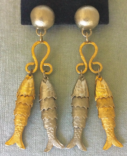 Massive 4" Long Cascio Italy Signed Articulated Fish Shoulderduster Drop Dangle Earrings Gold Silver Metal Designer Runway Couture Etruscan