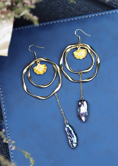 Mermaid Seashell Earrings/Gold Hoop Pearl Dangle Long Big Chain Shell Abalone Earring Asymmetrical Drop