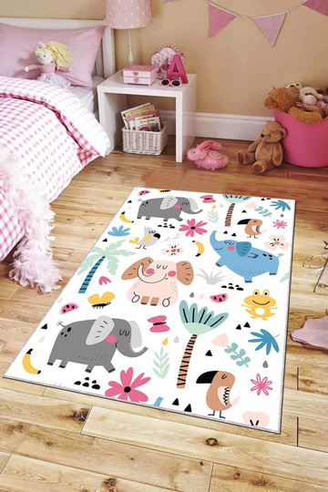 Woodland Floral Nursery Rug, Elephant Decor Carpet, Baby Gift, Kids Children Gift For Child
