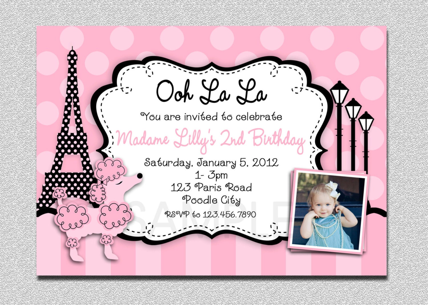 Paris Poodle Birthday Invitation, Girls Pink Photo Invitation