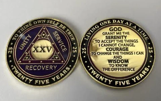 Design 1-25 & 35 Yearly Purple/Shiney Tri-Plated Tokens. These Tokens/Mediallions/Chips Are From Our First Design. | C2020 Unity16.com