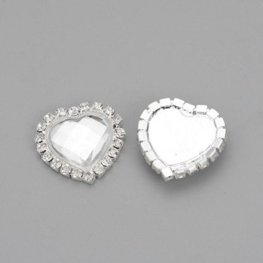 2Pc Heart Acrylic Pearl Cabochons, With Grade A Rhinestone & Brass Settings, Clear, 22x22mm