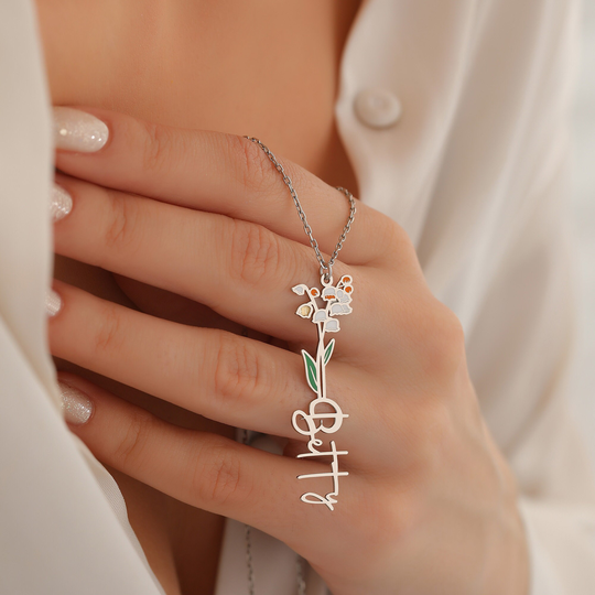 Handmade Lily Of The Valley Birth Flower Necklace, Personalized May Flower, 14K Gold Name Gifts For Sweet 16 Daughter
