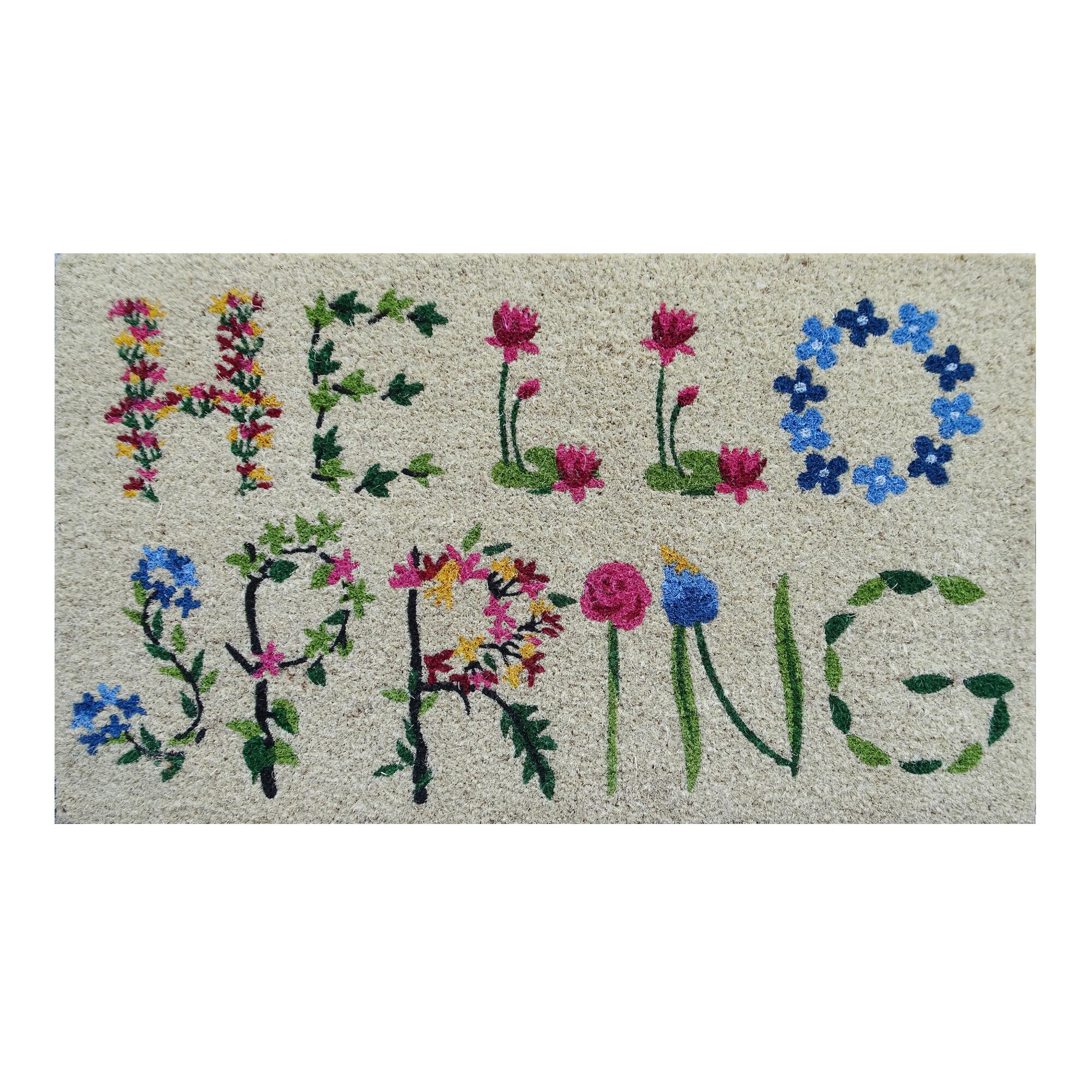 Hello Spring Floral Coir Doormat: Natural - Coconut Husk by World Market