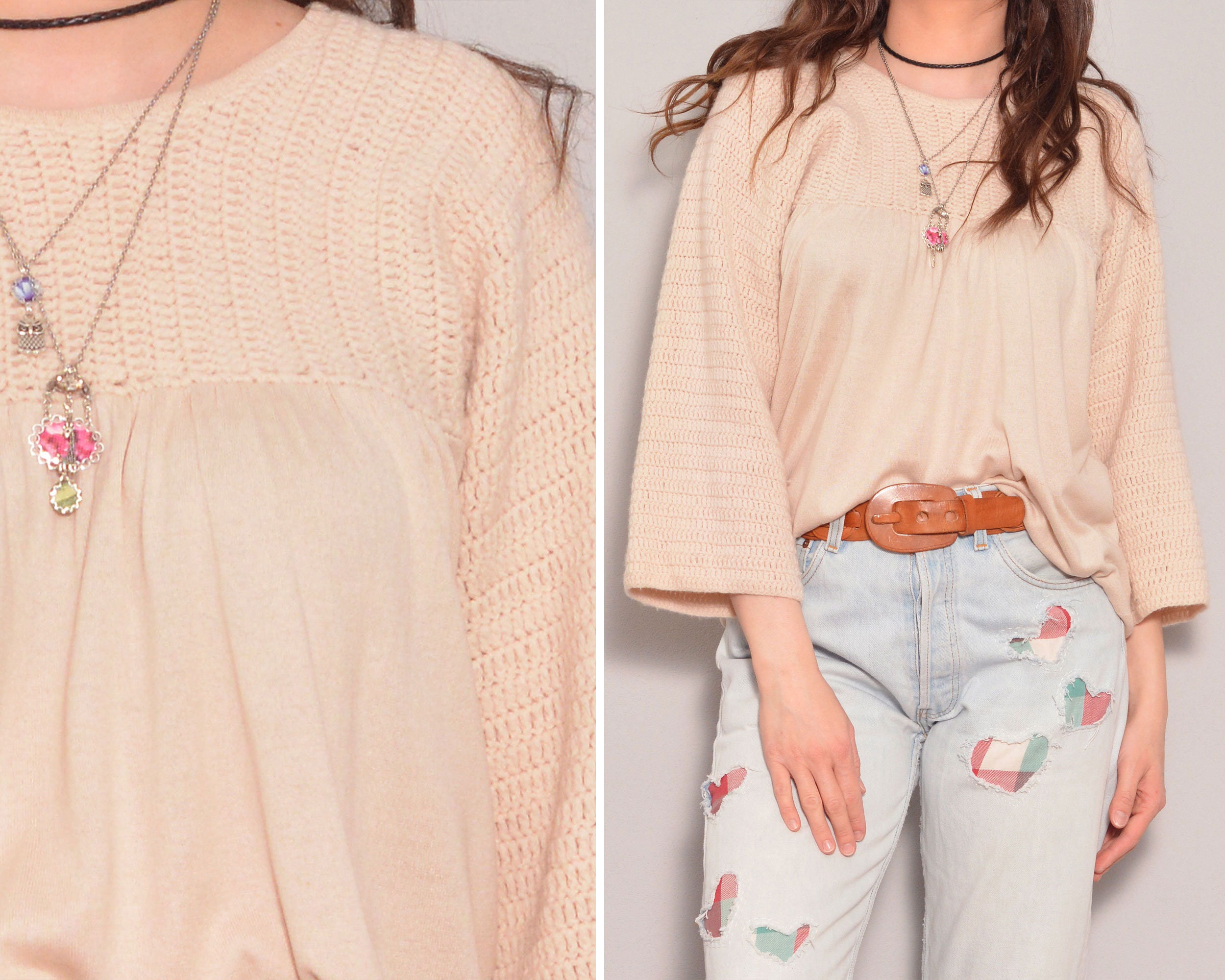 Silk Wool Blend Relaxed Sweater | Beige Designer Boho Pullover Cream Knit Top Gathered Waist Wide Bracelet Sleeves