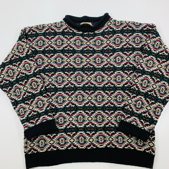 Vtg 90S New River Wool Blend Patterned Stripe Black Pullover Sweater Size Large
