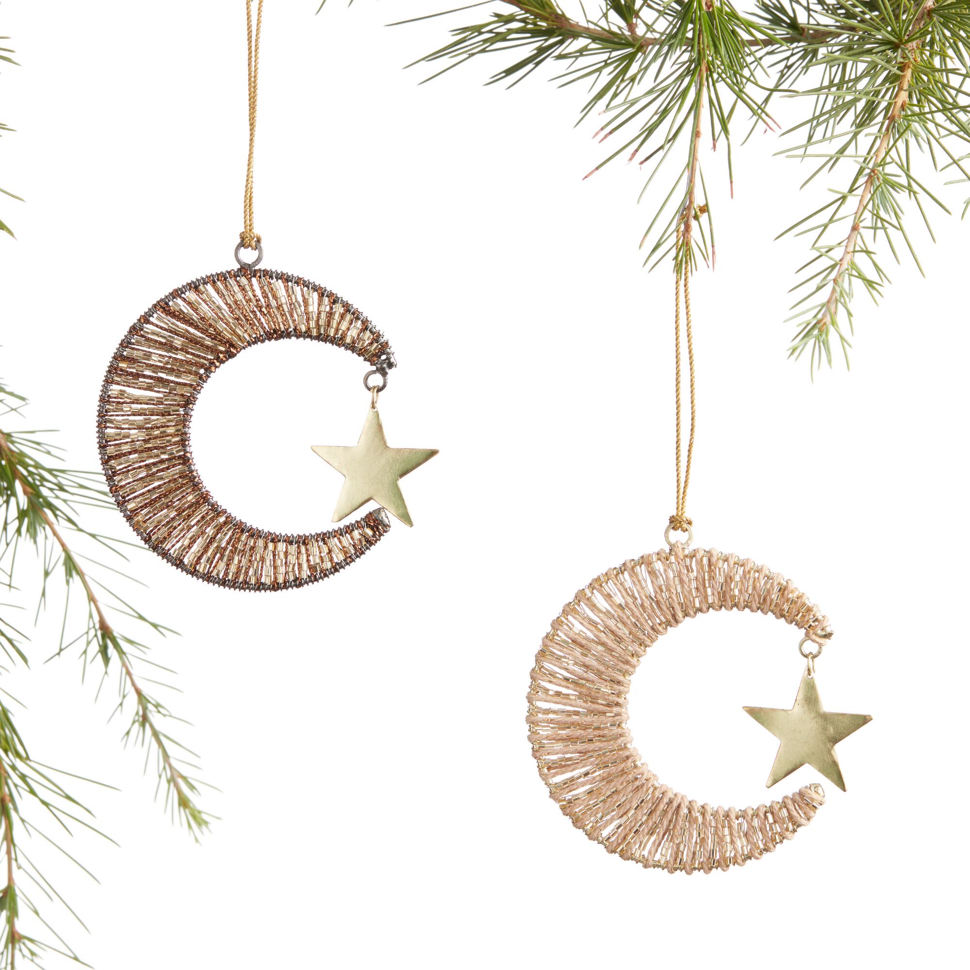 Beaded Metal Crescent Moon Ornaments Set of 2: Multi by World Market