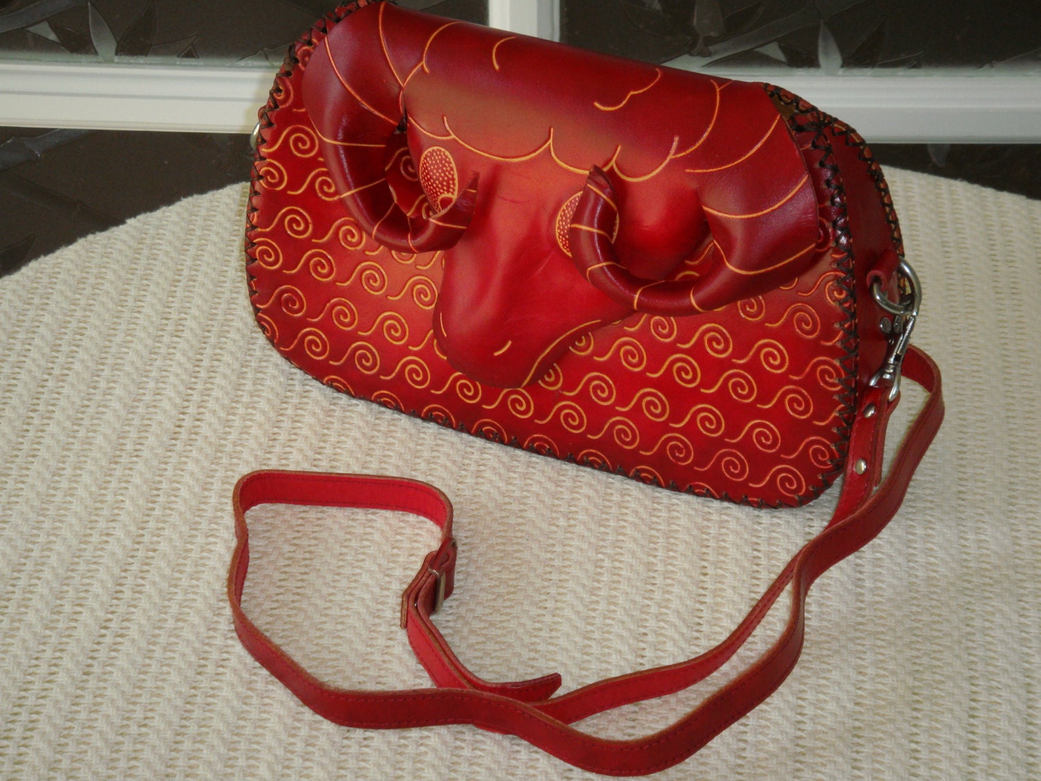 Genuine Cowhide Leather Messenger Bag, A Ram Face Front Cover, Burgundy/Brown, Lovely Purse