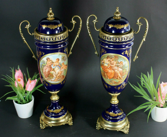 Pair Cobalt Blue Limoges Porcelain Victorian Scene Vases Gorgeous