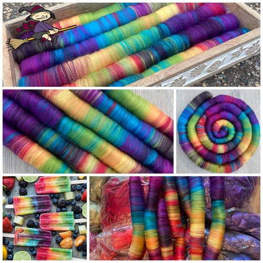 Sweet Rolls - Rolags Punis Hand Blended For Spinning "Tie Dyed Popsicles" 1 Oz Increments Fiber