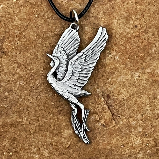 Crane Necklace Pendant, Pewter Bird Figurine, Sandhill Crane, Whooping Wildlife Pendant
