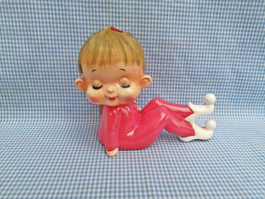 Vintage Japanese Lady Angel Ceramic Kitsch Big Red Girl Elf Pixie Figurines Japan 7"