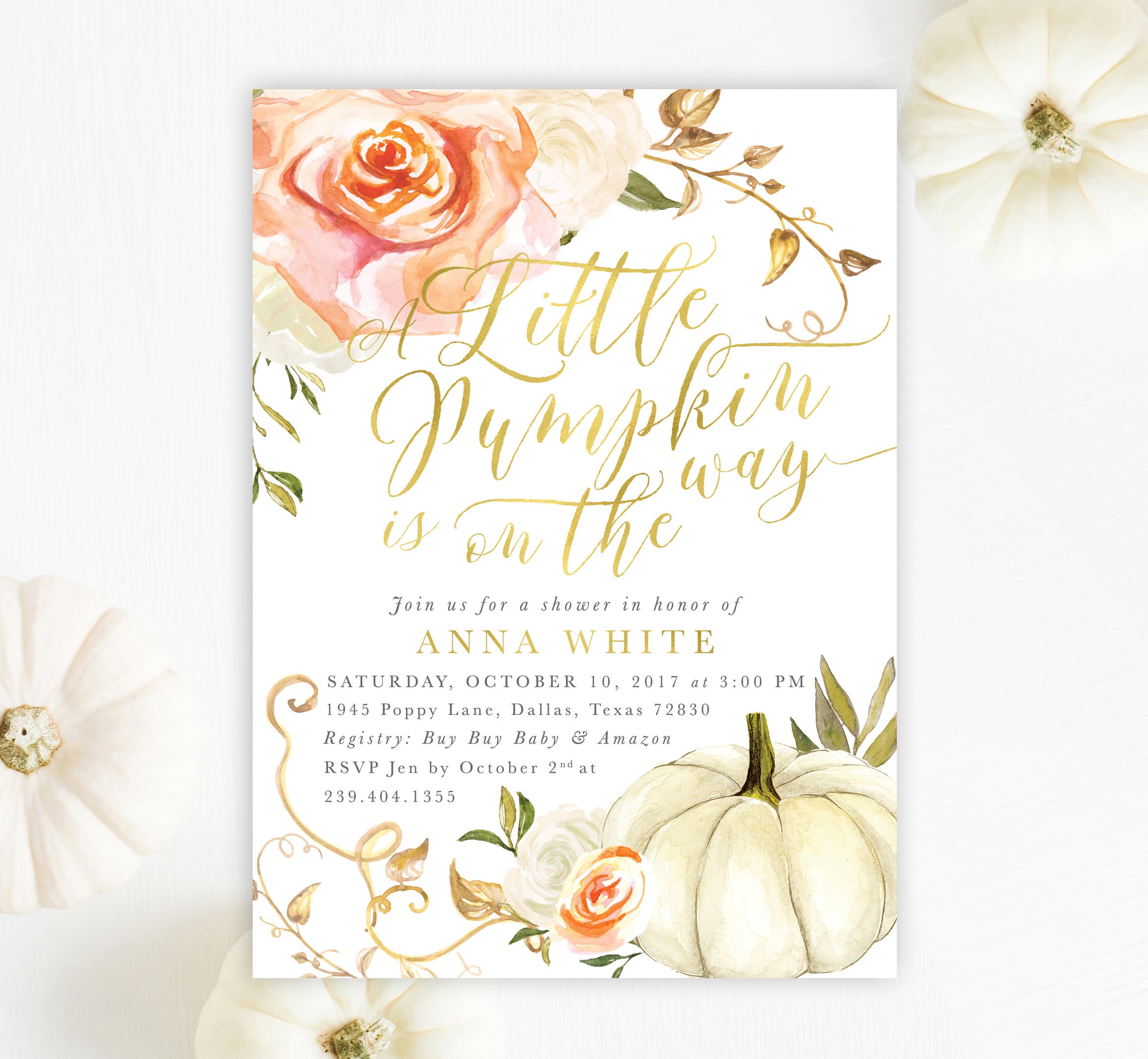 Fall Baby Shower Invitation, Pumpkin Invite, Little On The Way, Orange Florals & White 3