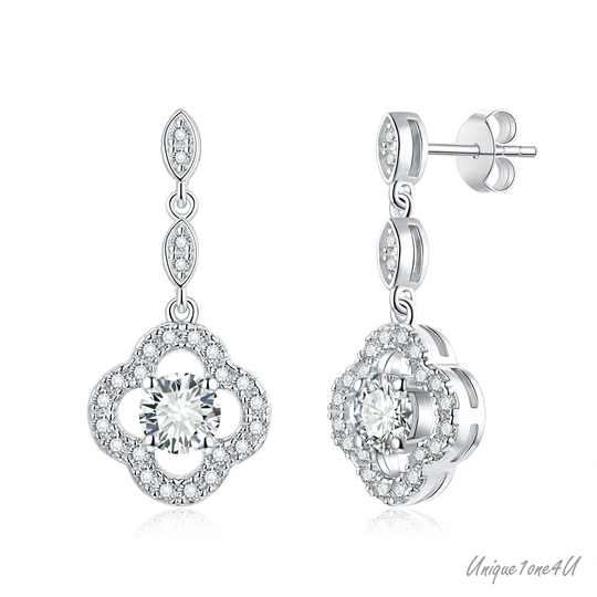 Dainty&gorgeous Moissanite Studs | 0.5Ct+0.5Ct Four-Leaf Clover Stud Earring ,d Color Sterling Silver & 18K White Gold Plated