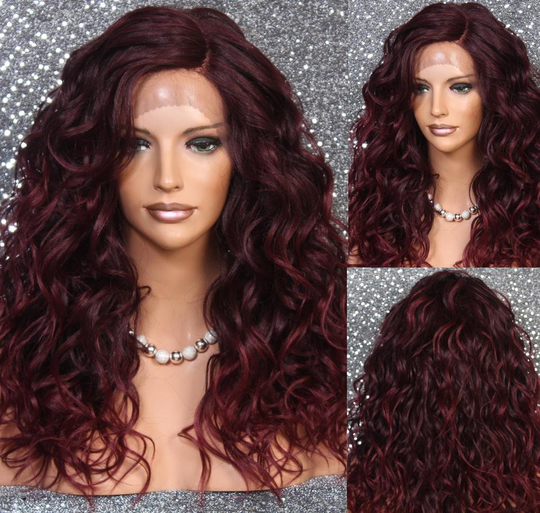 Burgundy Mixed Human Hair Blend Full Lace Front Wig Luscious & Naturel Hand Tied Heat Safe Cancer/Alopecia Cosplay