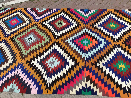 Diamond Design Kilim Rug, 120" X 64", Vintage Turkish Rugs, Bright Colored Area Vintage Bohemian Eccentric 813X