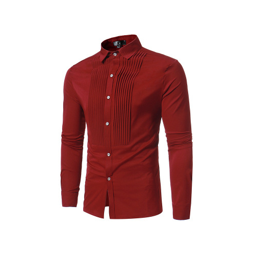 Men's Shirt Long-Sleeved Cotton Blended Single Breasted Turn Down Collar Solid Color Front Pleated Design Shirt Fit Men's Shirt - burgundy, xl - red