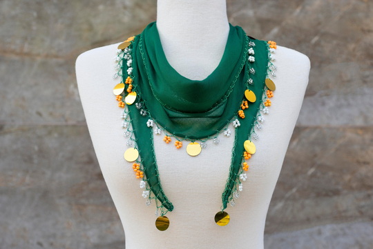 Turkish Oya Scarf, Summer Scarf With Handmade Lace Circles & Beads, Emerald Green