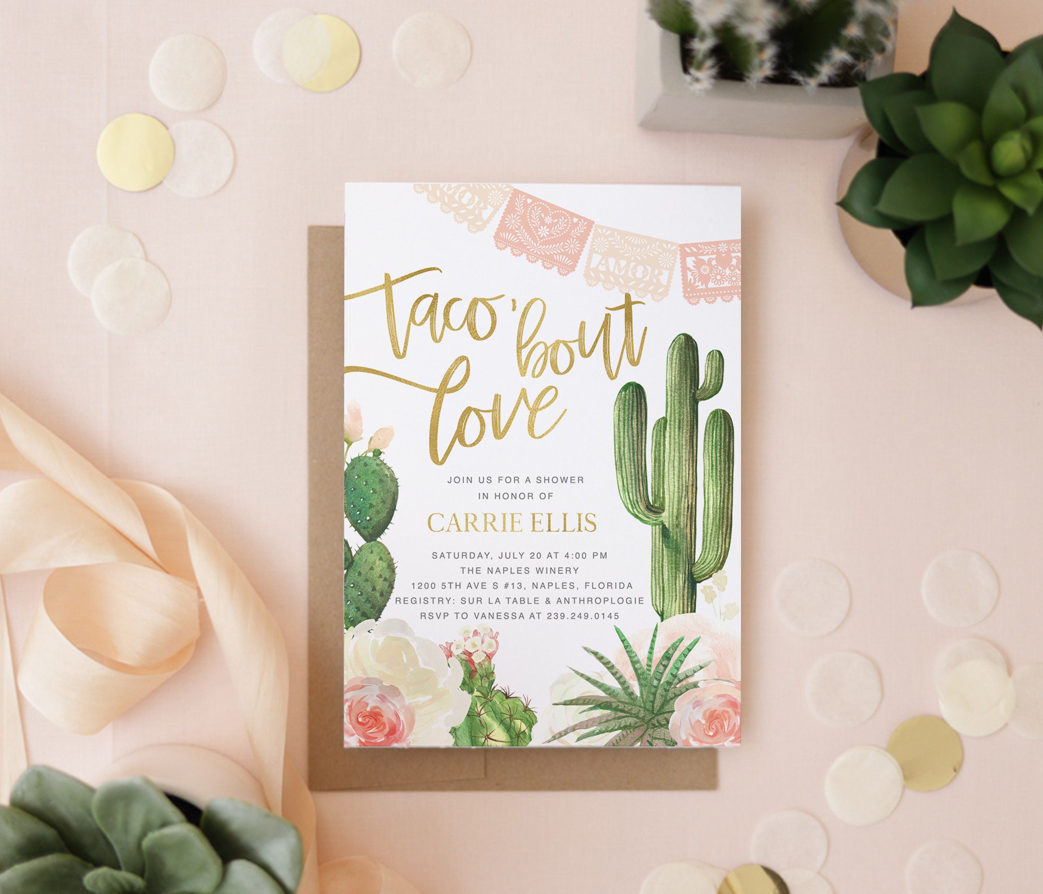 Taco "Bout Love, Fiesta Bridal Shower Invitation, Cactus Invite, Shower, Carrie