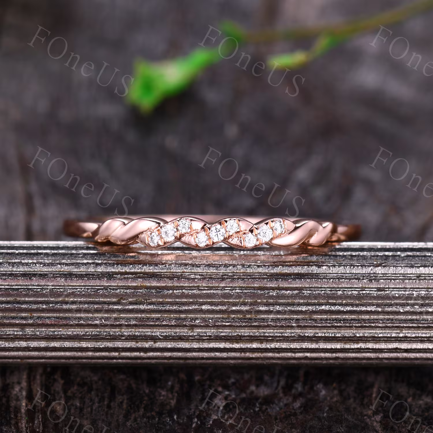 Dainty Rose Gold Wedding Band Moissanite Unique Twisted Stacking Matching Delicate Ring Anniversary Gift Platinum