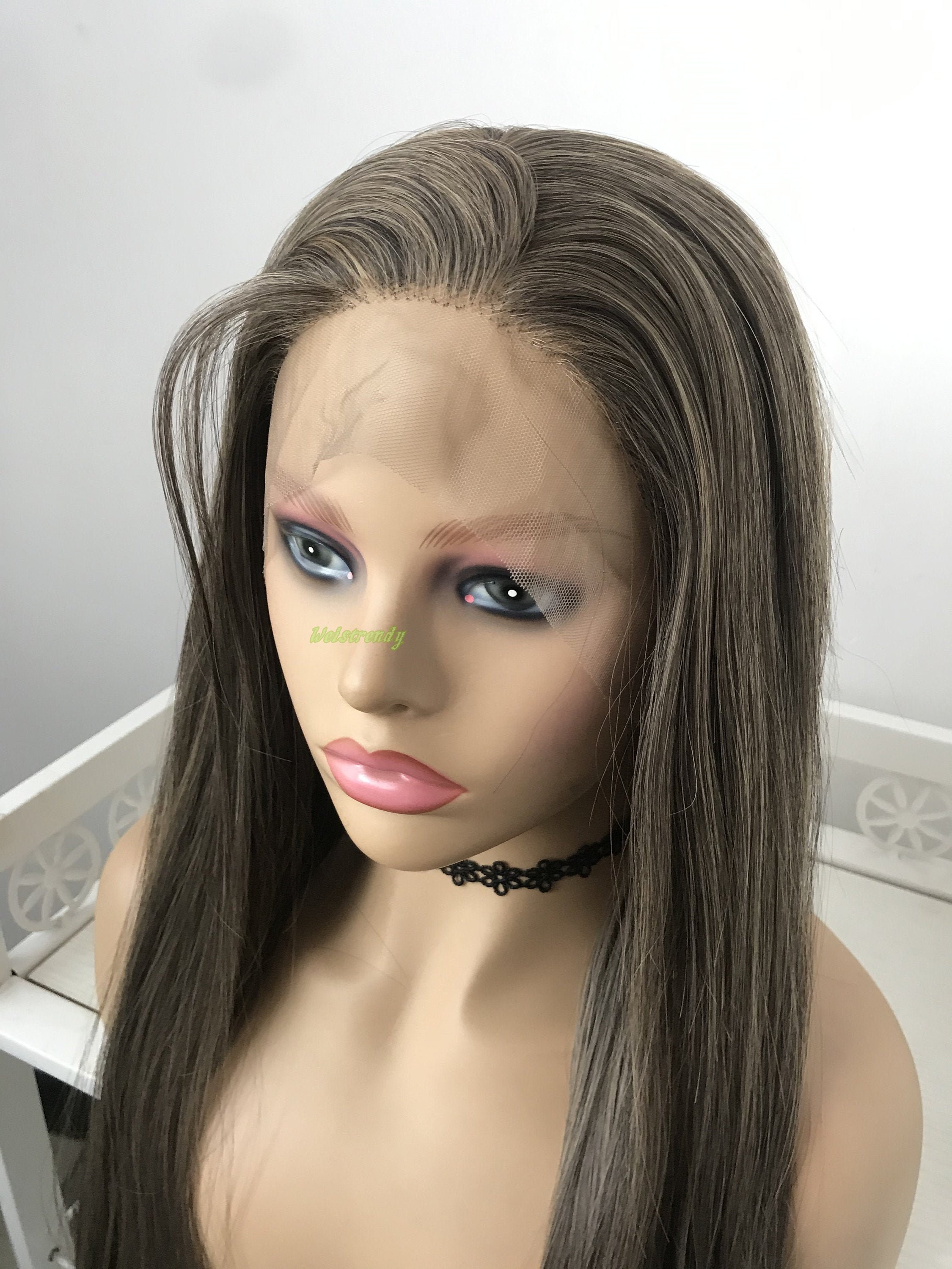 Dark Brunette Blend Long Straight Hair Premium Synthetic Lace Front Wig Heat Friendly