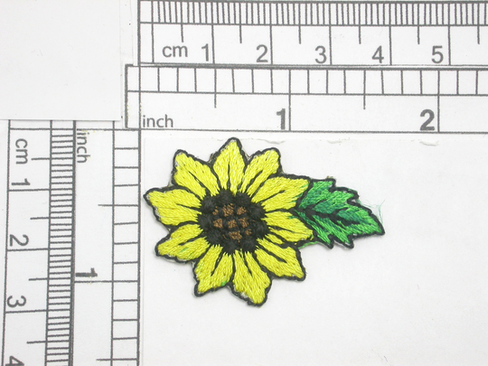 Sunflower With Leaf Embroidered Iron On Patch Applique Fully Measures 1 5/8" Across X 1/8" High