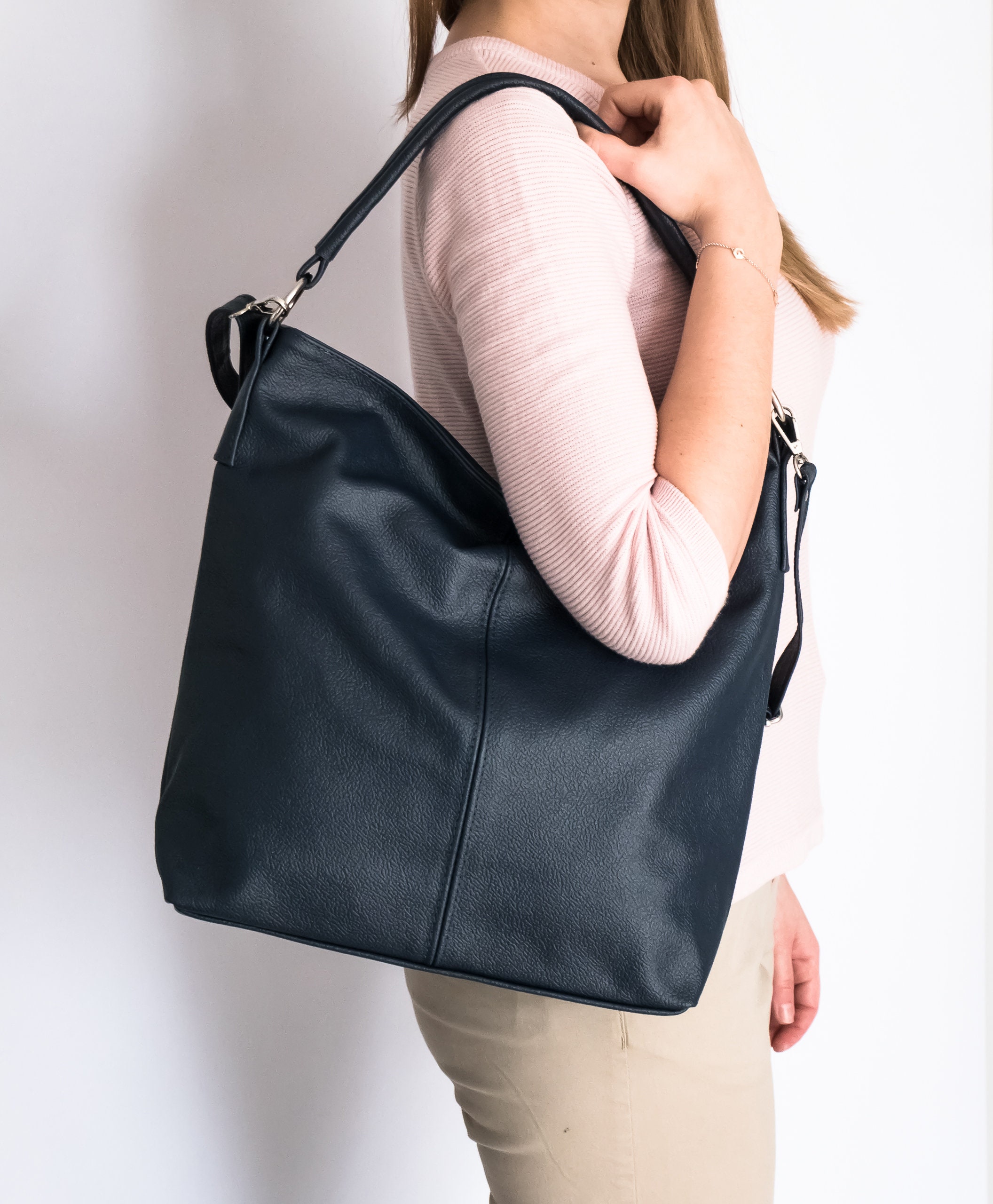 Leather Hobo Bag, Navy Leather Handbag, Crossbody Bag, Everyday Tote Laptop Shoulder Hobo Gift, Hg