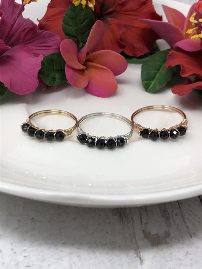 Midnight Ring. Yellow Gold Black Spinel Ring/Rose Silver Stone Bar Gift For Her