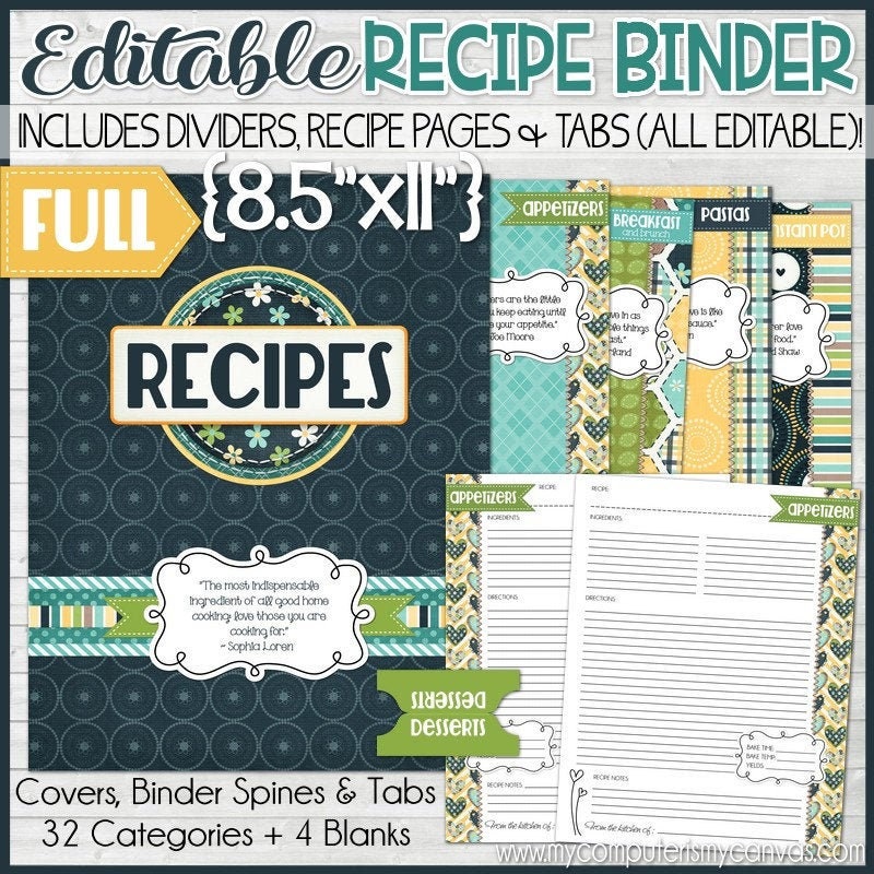 Editable Recipe Binder Kit Printables | Navy, Book, Printables, Kit, Full Size, 8.5x11 - Not Instant Download