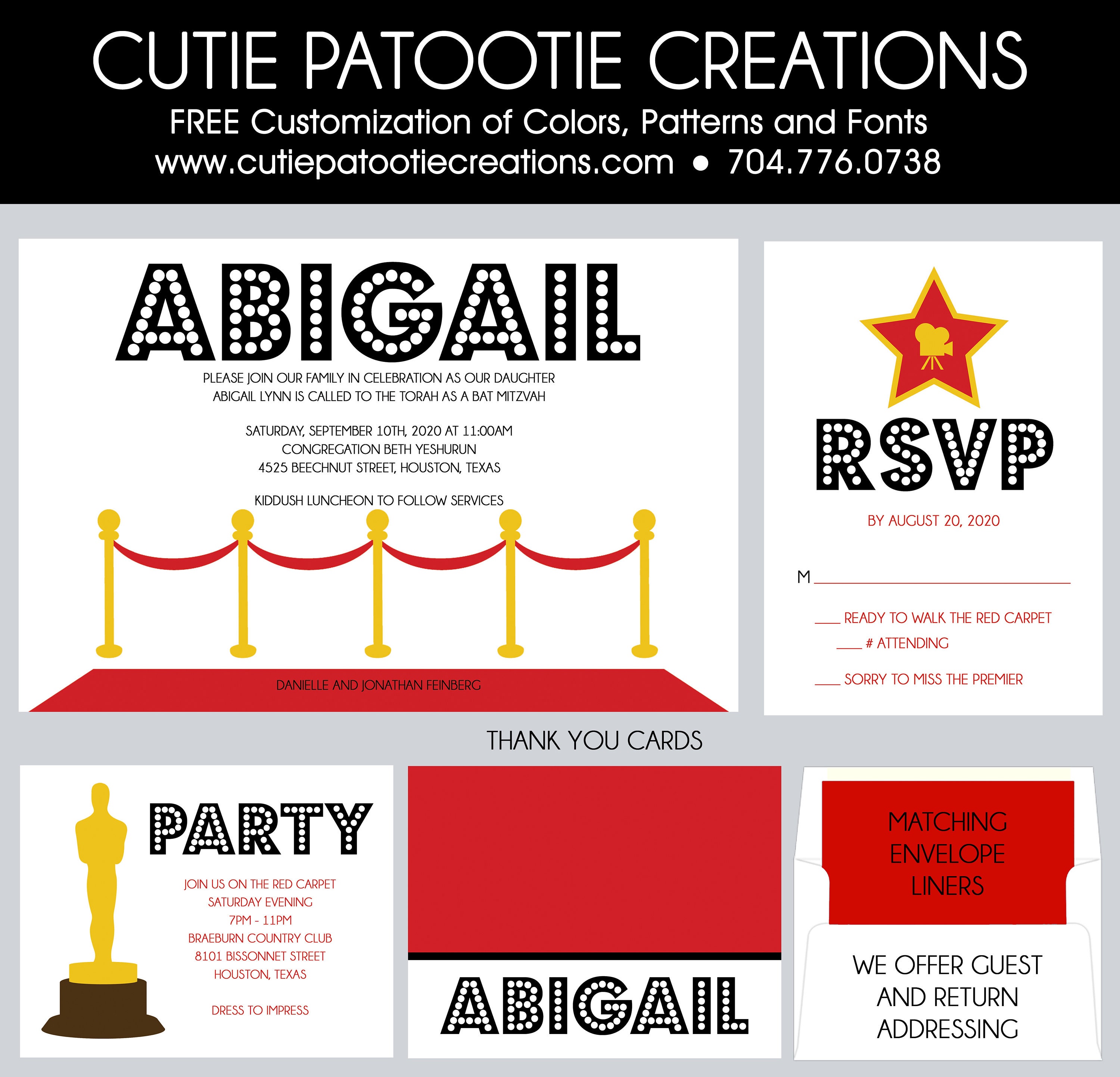 Hollywood Red Carpet Bat Mitzvah Invitations - Rsvp Cards Thank You Notes Envelope Addressing Save The Date Card
